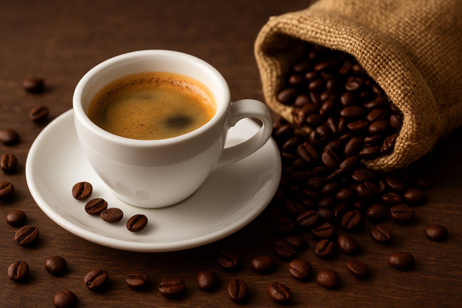 Taza de café con crema y granos alrededor